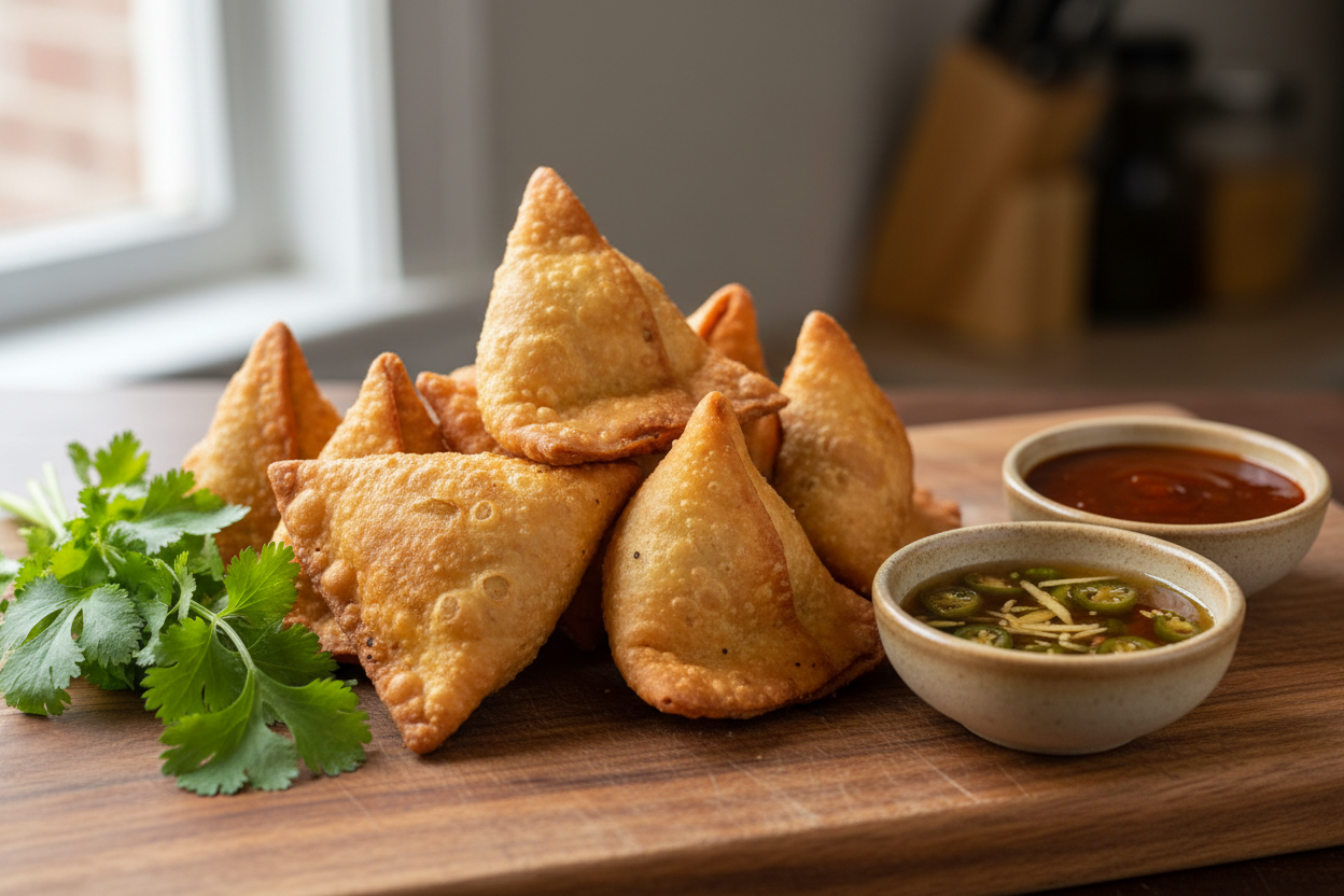 Fried Samosa stacked randomly together with a cilantro garnish on the side, in a wooden chopping board. Sweet and spicy dip and flavored vinegar on the side.